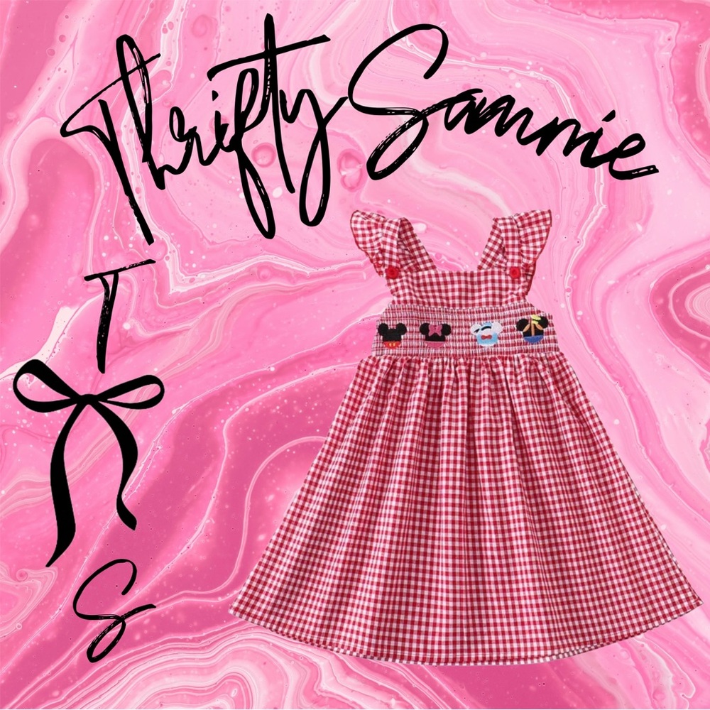 Red Gingham Kids Dress with Embroidered Characters Minnie Mickey Mouse